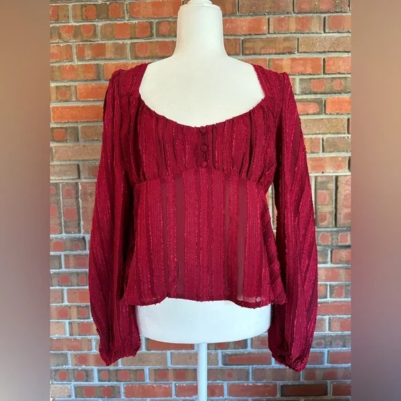 👗Lulu’s Spread the Cheer Wine Red Textured Square Neck Long Sleeve Top, size M - Picture 1 of 10